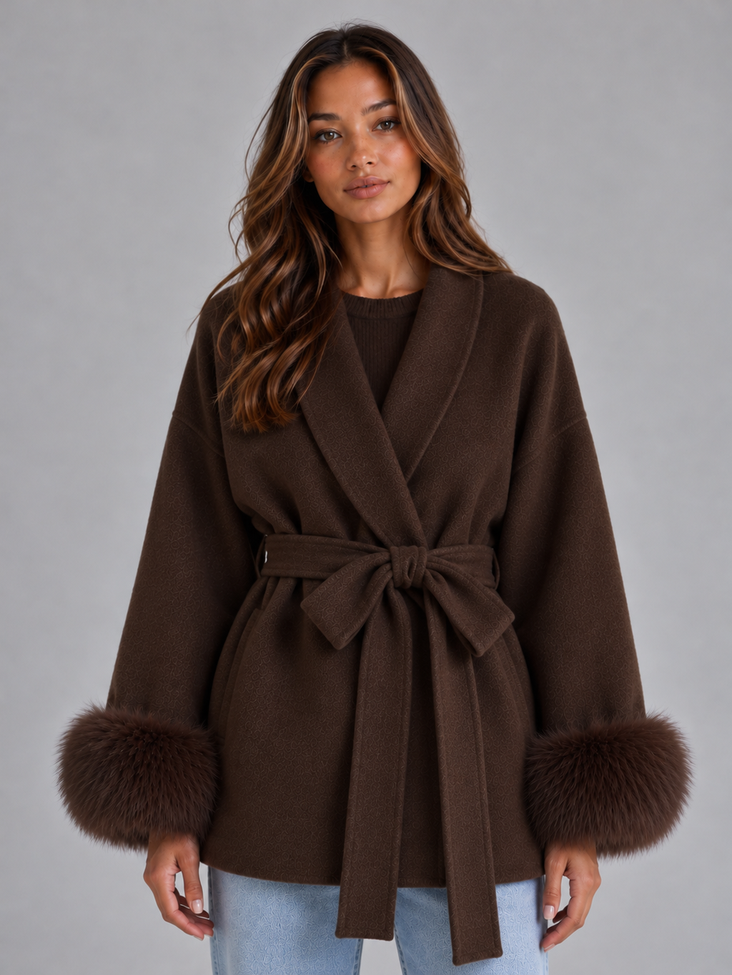 Women's Belted Wool Blend Coat – Faux Fur Trim Wrap Coat