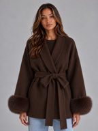 Women's Belted Wool Blend Coat – Faux Fur Trim Wrap Coat
