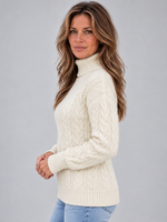 Women’s Cable Knit Roll Neck Jumper – Chunky Long Sleeve Knitted Sweater