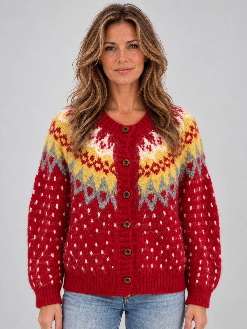 Women’s Fair Isle Knitted Cardigan – Fluffy Button Up Winter Jumper