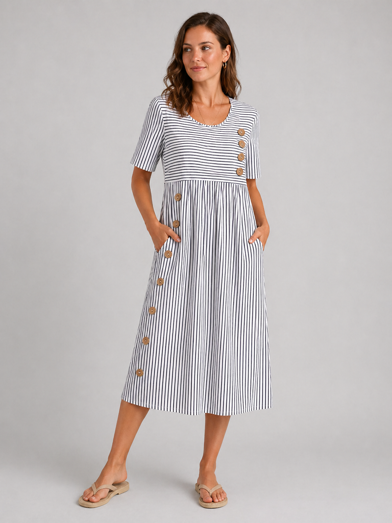 Women's Flattering Striped Midi Dress – Button Detail Fit
