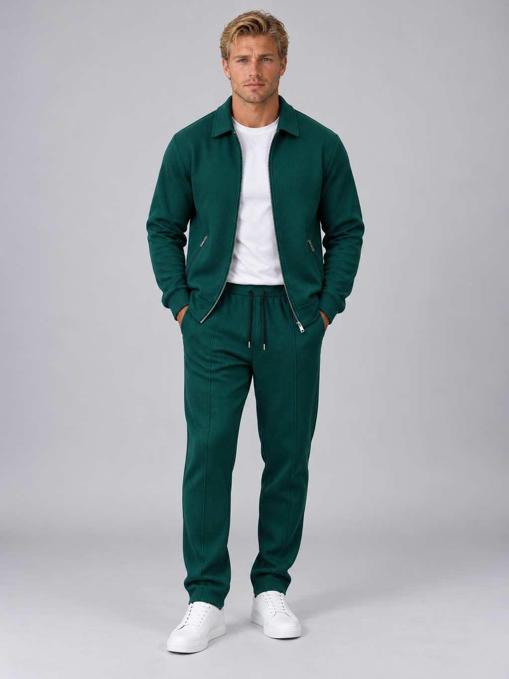 Men’s Textured Full Zip Tracksuit Set