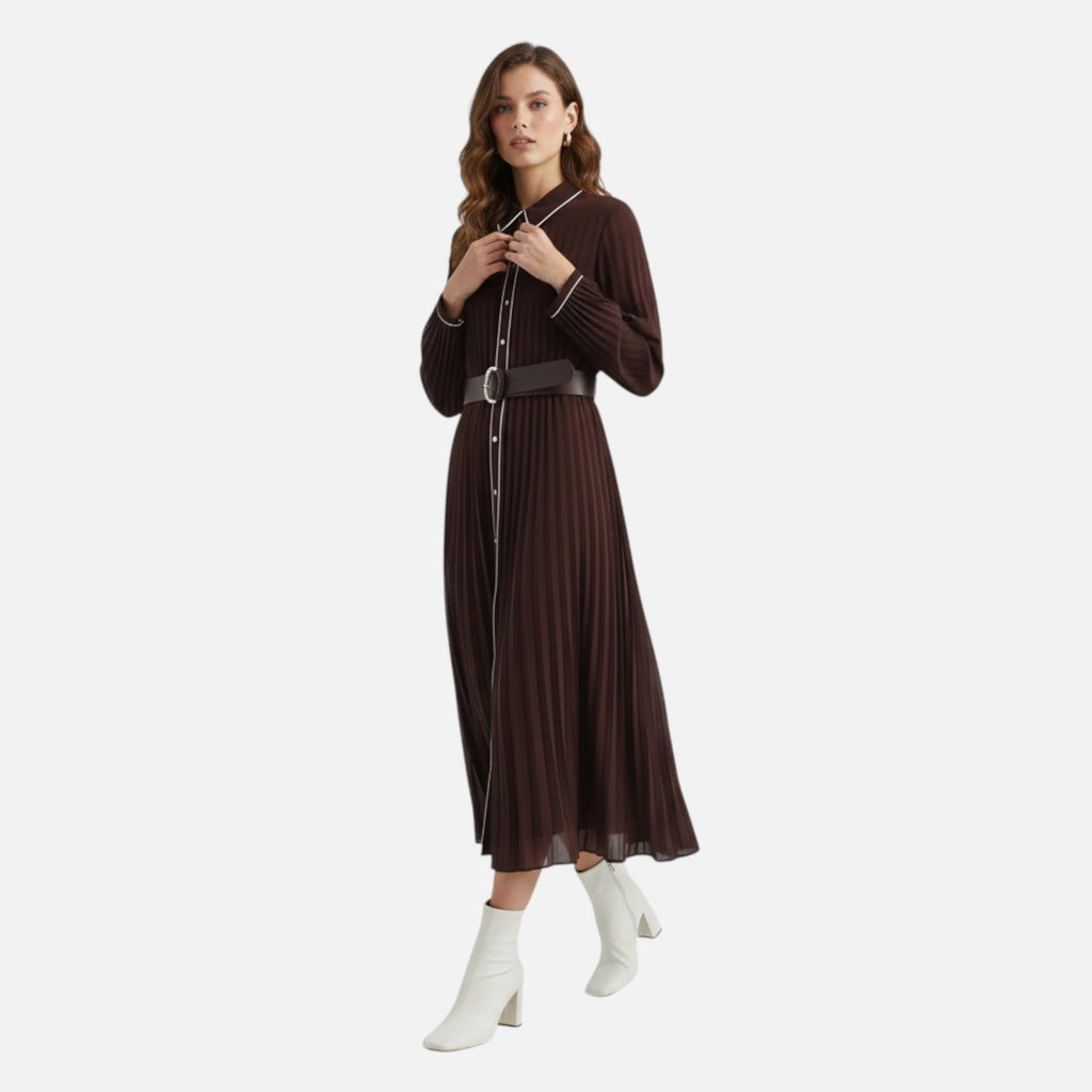 womens long sleeve midi dresses Black Polka Dot Collar Dress Elegant grey wool midi dress with button detail Women's Pleated Long Sleeve Midi