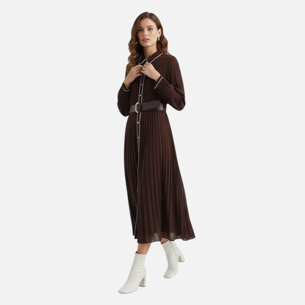 Women's Pleated Long Sleeve Midi Dress – Montleigh