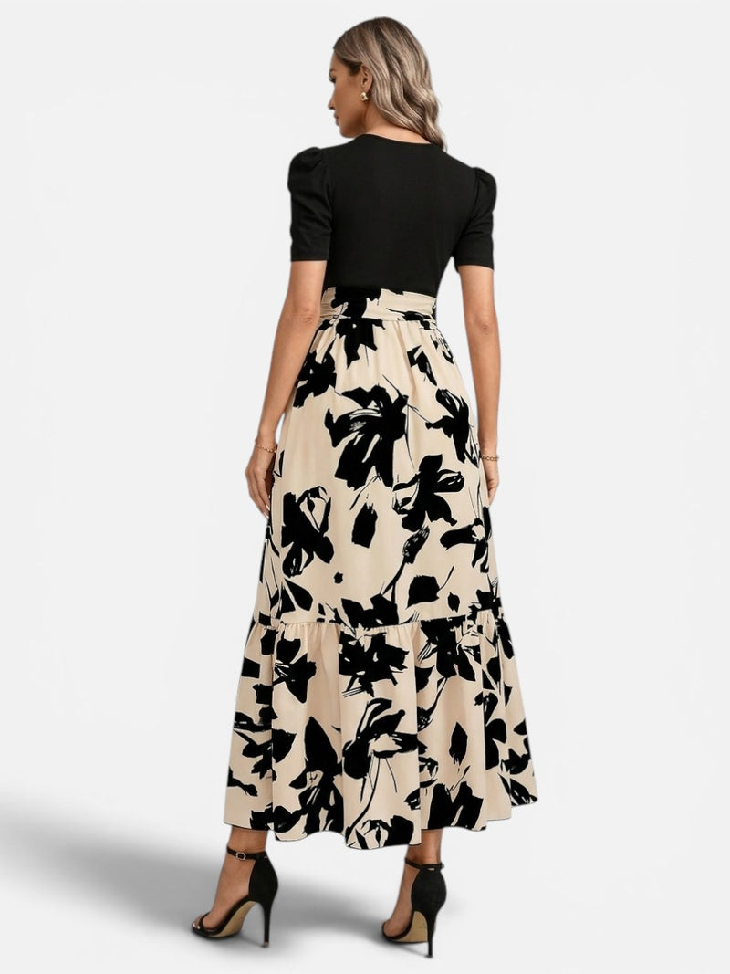 Women’s Floral Midi Dress – Puff Sleeve Belted Waist
