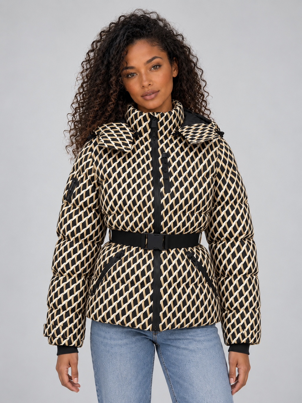 Women’s Patterned Belted Puffer Jacket – Hooded Padded Winter Coat
