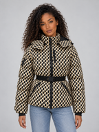 Women’s Patterned Belted Puffer Jacket – Hooded Padded Winter Coat