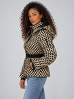 Women’s Patterned Belted Puffer Jacket – Hooded Padded Winter Coat