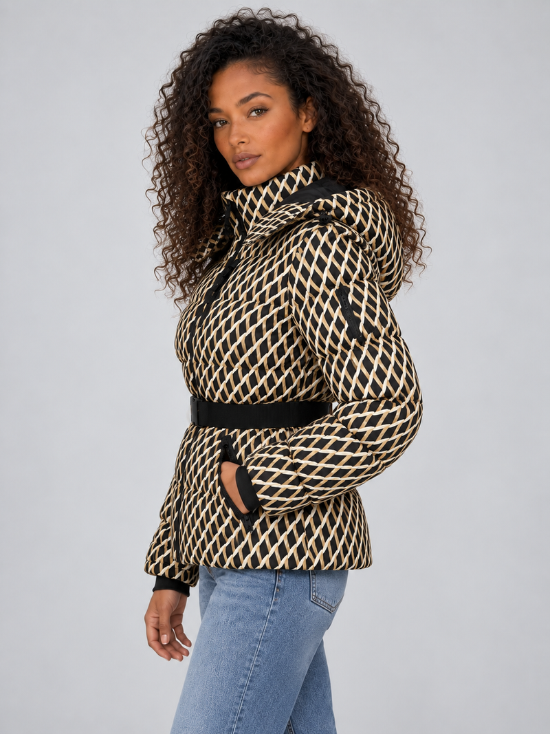 Women’s Patterned Belted Puffer Jacket – Hooded Padded Winter Coat