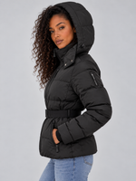 Women’s Patterned Belted Puffer Jacket – Hooded Padded Winter Coat