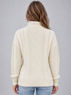 Women’s Cable Knit Roll Neck Jumper – Chunky Long Sleeve Knitted Sweater