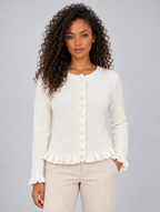 Women’s Button Front Knitted Cardigan – Round Neck Ruffle Hem Jumper