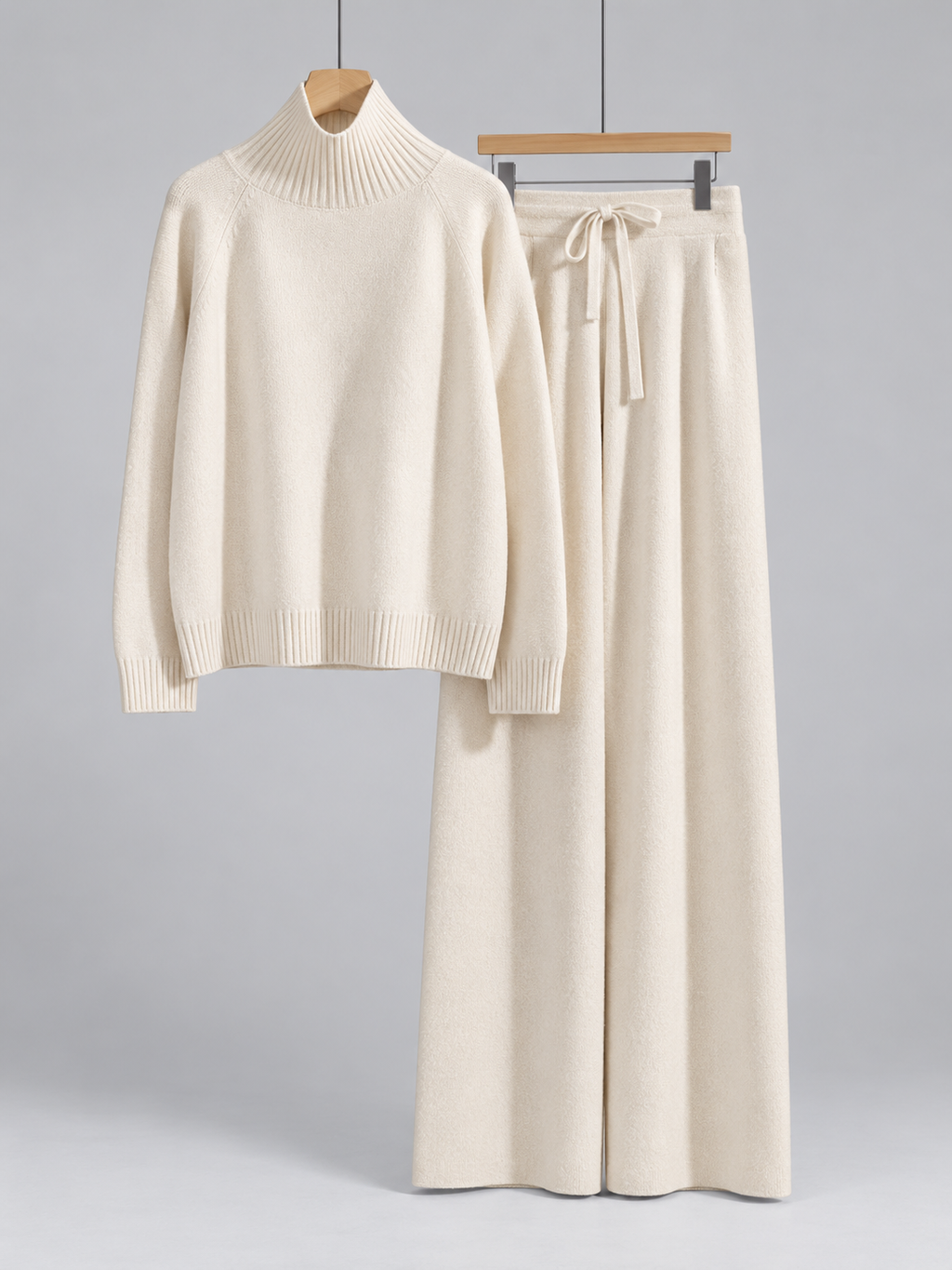 Women’s Wool Knit Co-Ord Set – Roll Neck Jumper & Wide Leg Trousers