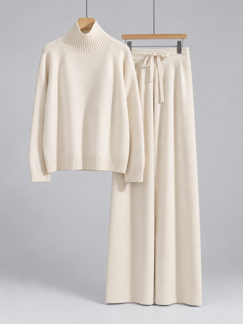 Women’s Wool Knit Co-Ord Set – Roll Neck Jumper & Wide Leg Trousers