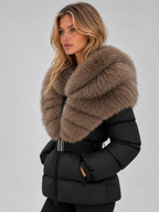 Women’s Faux Fur Collar Puffer Jacket – Belted Padded Winter Coat