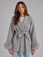 Women's Belted Wool Blend Coat – Faux Fur Trim Wrap Coat