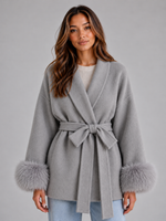 Women's Belted Wool Blend Coat – Faux Fur Trim Wrap Coat