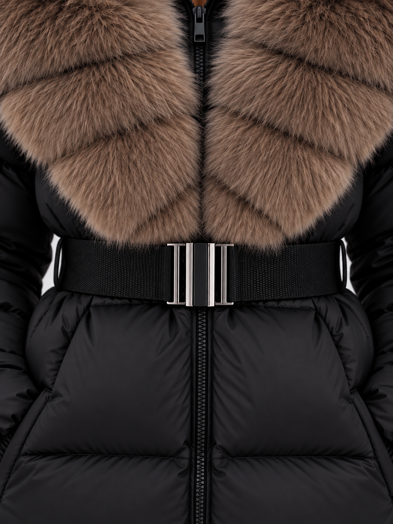 Women’s Faux Fur Collar Puffer Jacket – Belted Padded Winter Coat