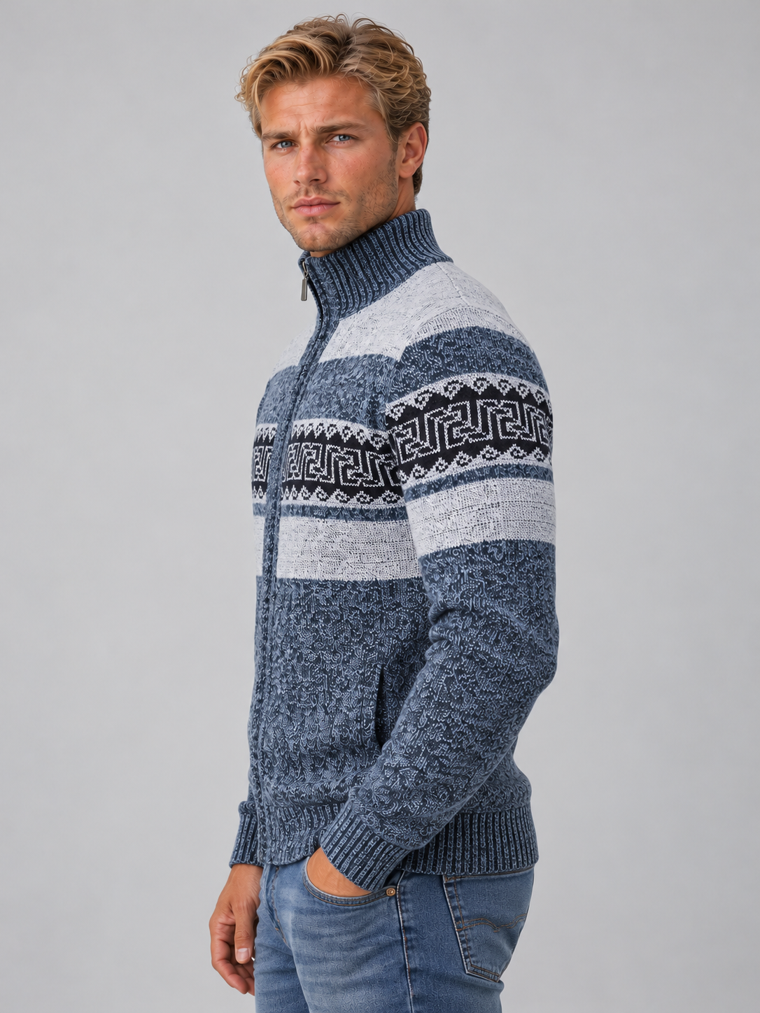 Men’s Full Zip Knitted Cardigan – High Neck Jumper