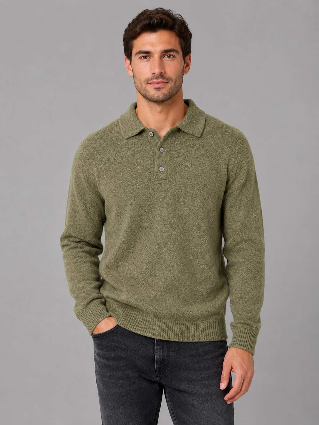 Men's Polo Knit Jumper – Button Long Sleeve Sweater