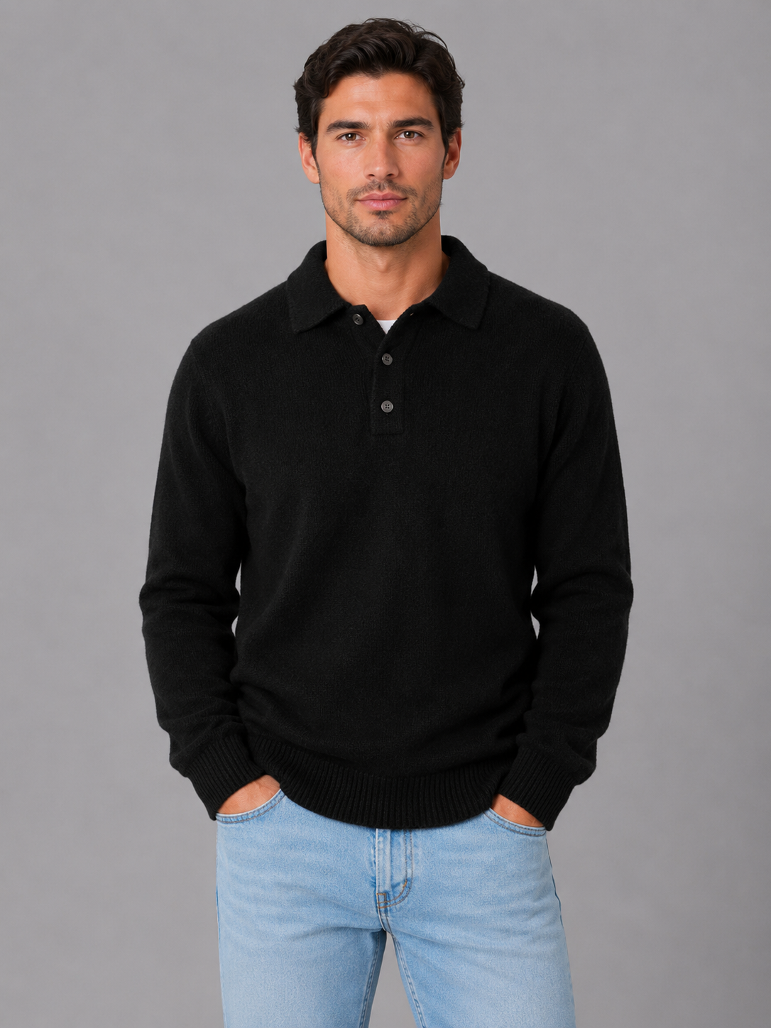 Men's Polo Knit Jumper – Button Long Sleeve Sweater