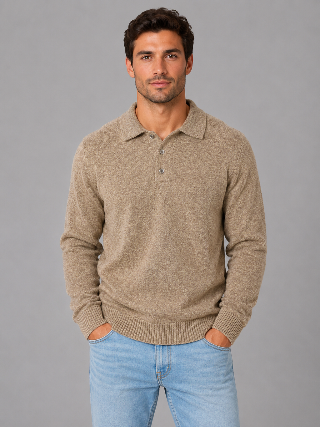 Men's Polo Knit Jumper – Button Long Sleeve Sweater