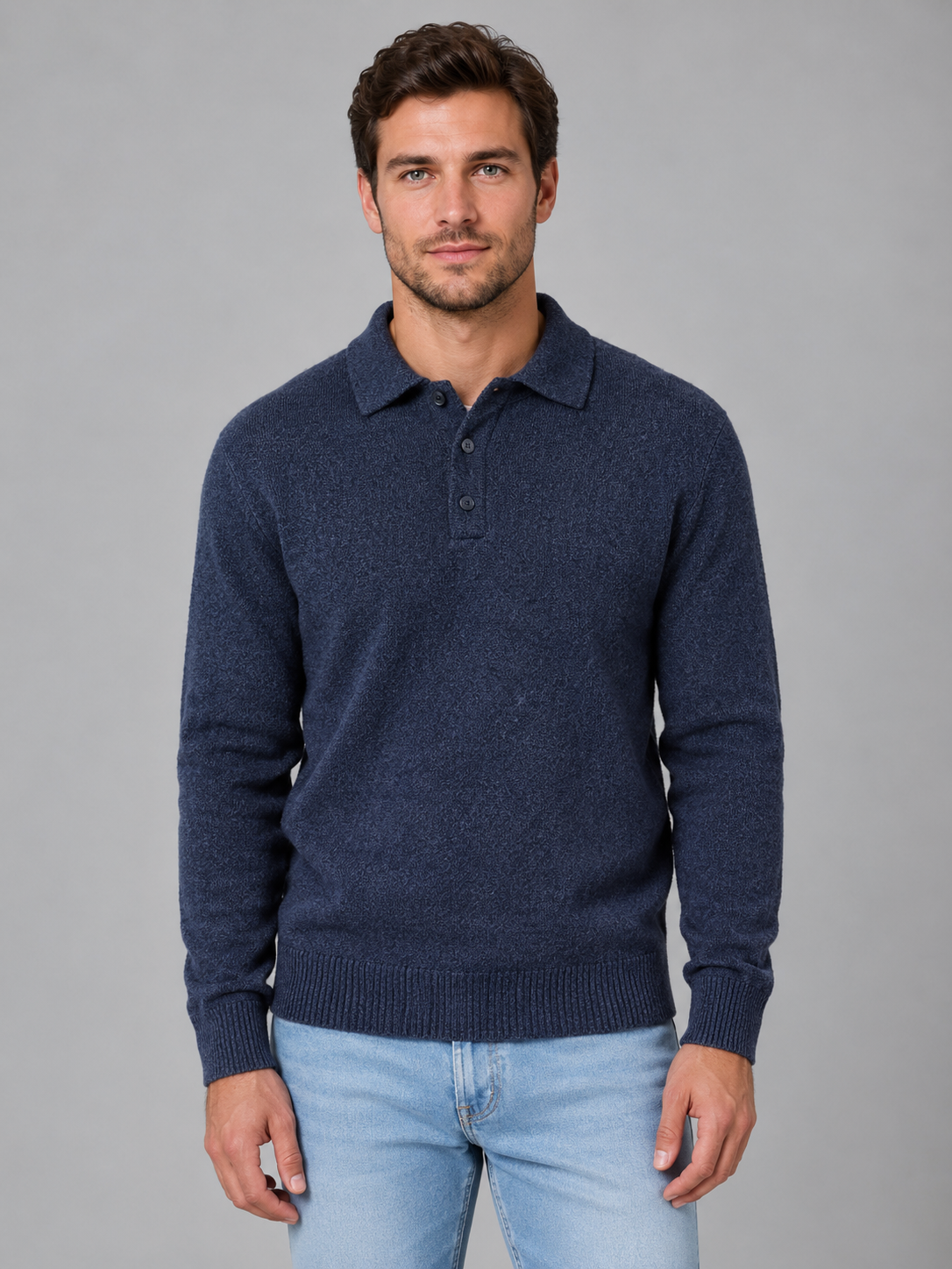 Men's Polo Knit Jumper – Button Long Sleeve Sweater