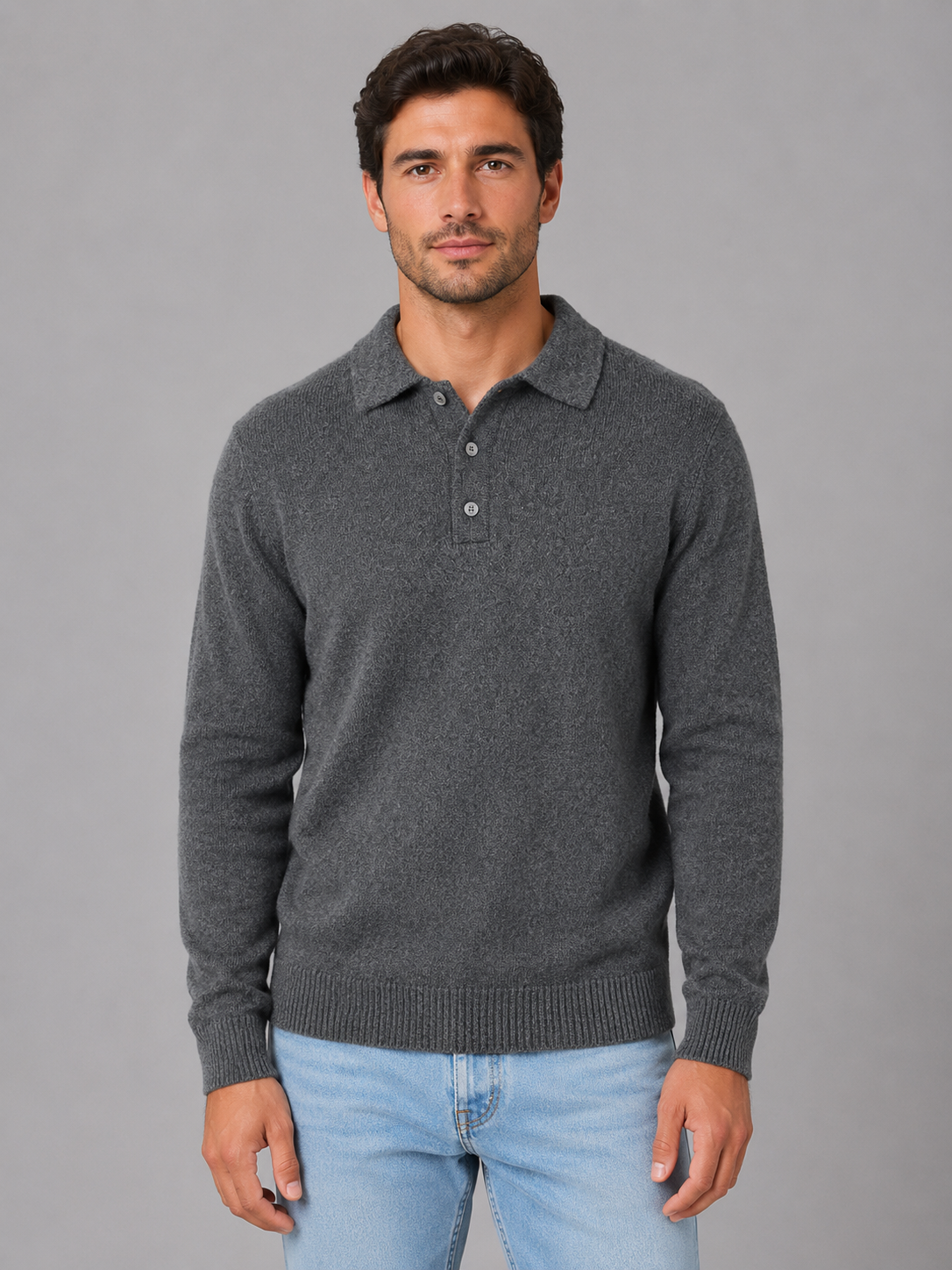 Men's Polo Knit Jumper – Button Long Sleeve Sweater