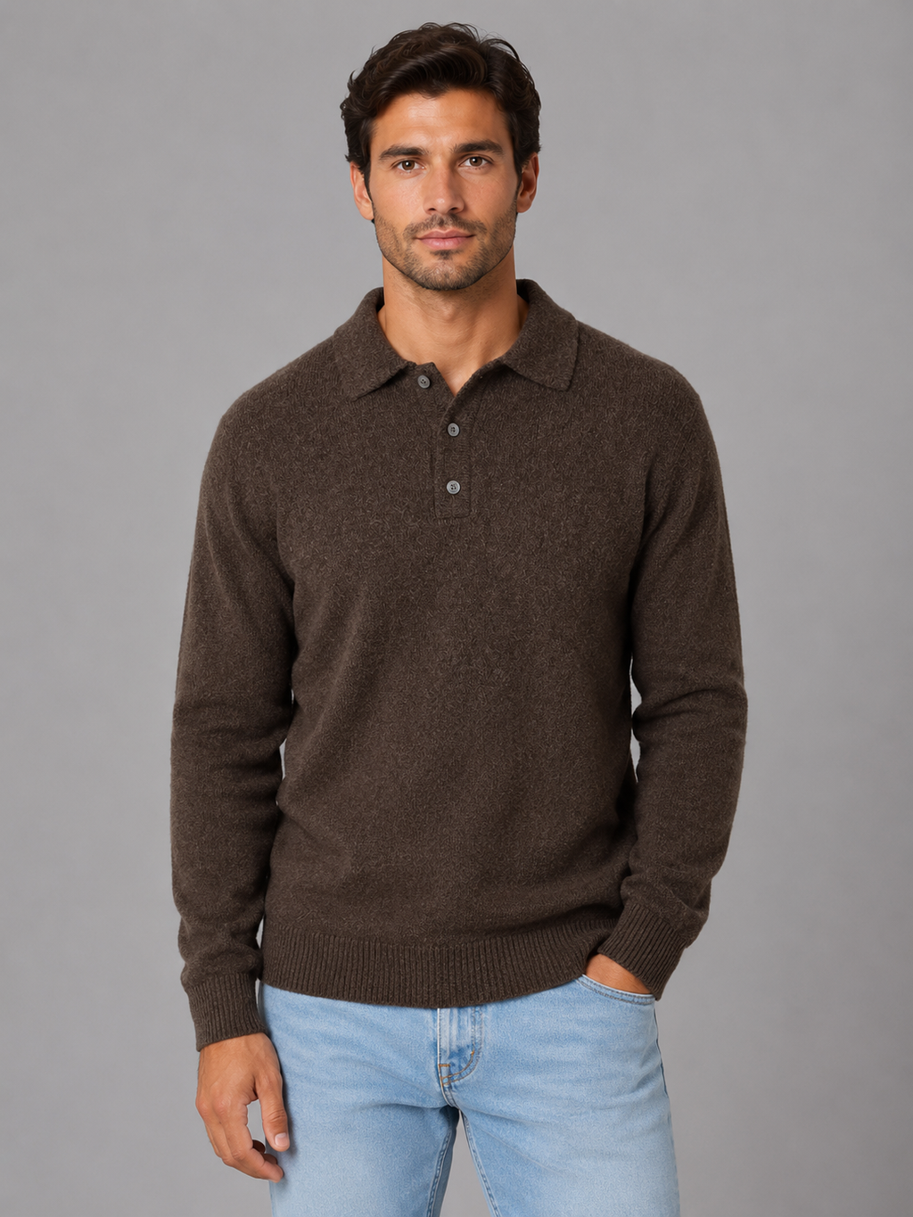 Men's Polo Knit Jumper – Button Long Sleeve Sweater