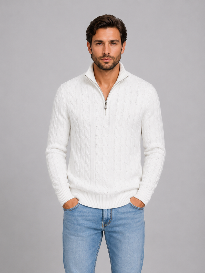 Men's Cable Knit Quarter Zip Jumper – Funnel Neck Sweater