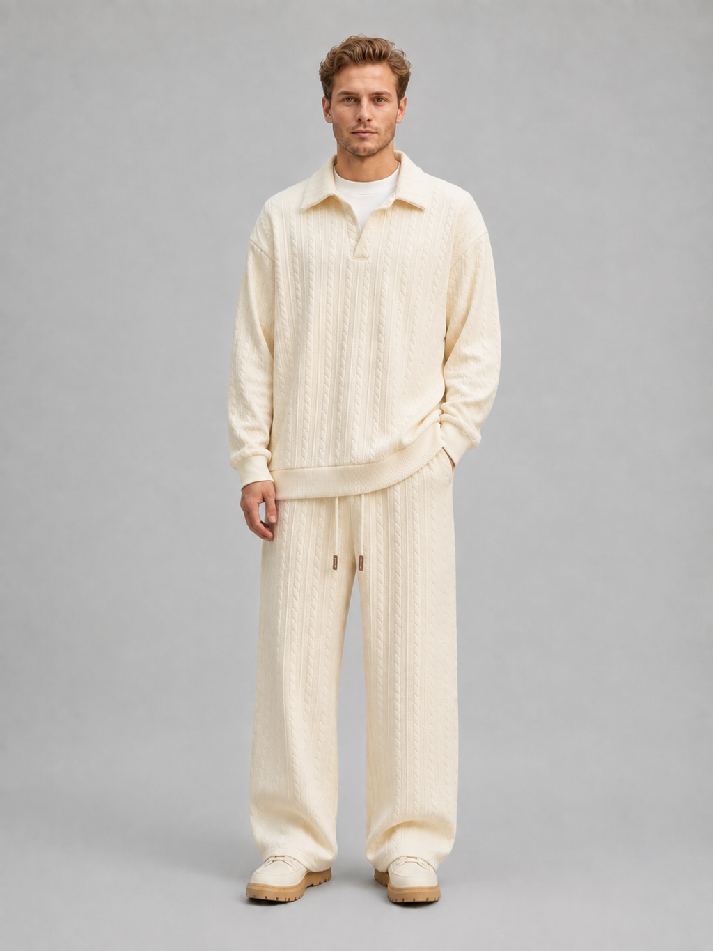 Men’s Cable Knit Two-Piece Set – Collared Top & Wide-Leg Trousers