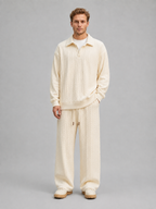 Men’s Cable Knit Two-Piece Set – Collared Top & Wide-Leg Trousers