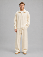 Men’s Cable Knit Two-Piece Set – Collared Top & Wide-Leg Trousers