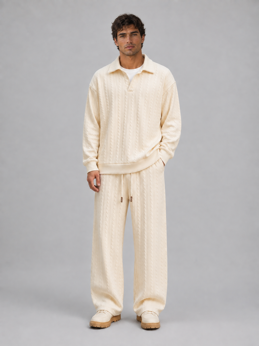 Men’s Cable Knit Two-Piece Set – Collared Top & Wide-Leg Trousers