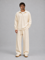 Men’s Cable Knit Two-Piece Set – Collared Top & Wide-Leg Trousers