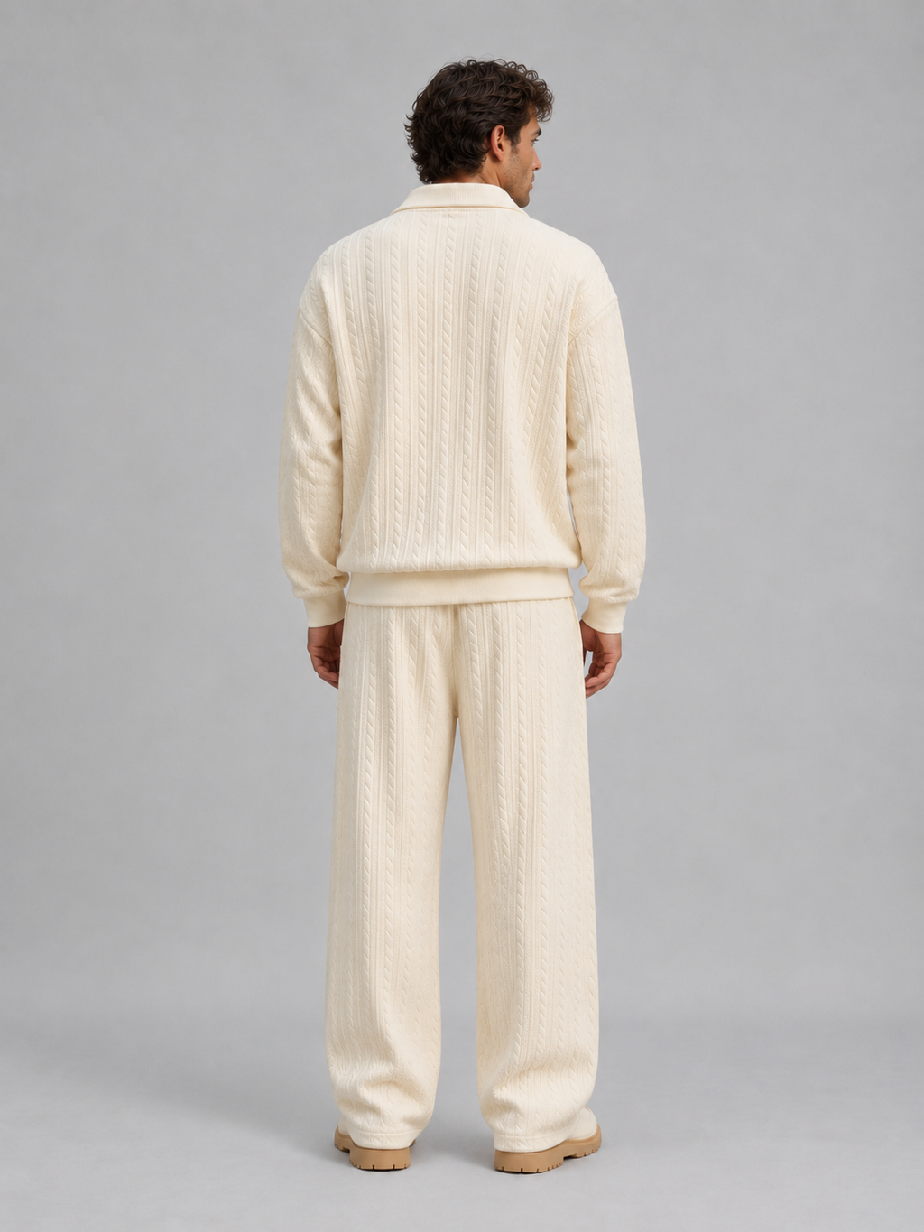 Men’s Cable Knit Two-Piece Set – Collared Top & Wide-Leg Trousers