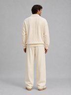 Men’s Cable Knit Two-Piece Set – Collared Top & Wide-Leg Trousers