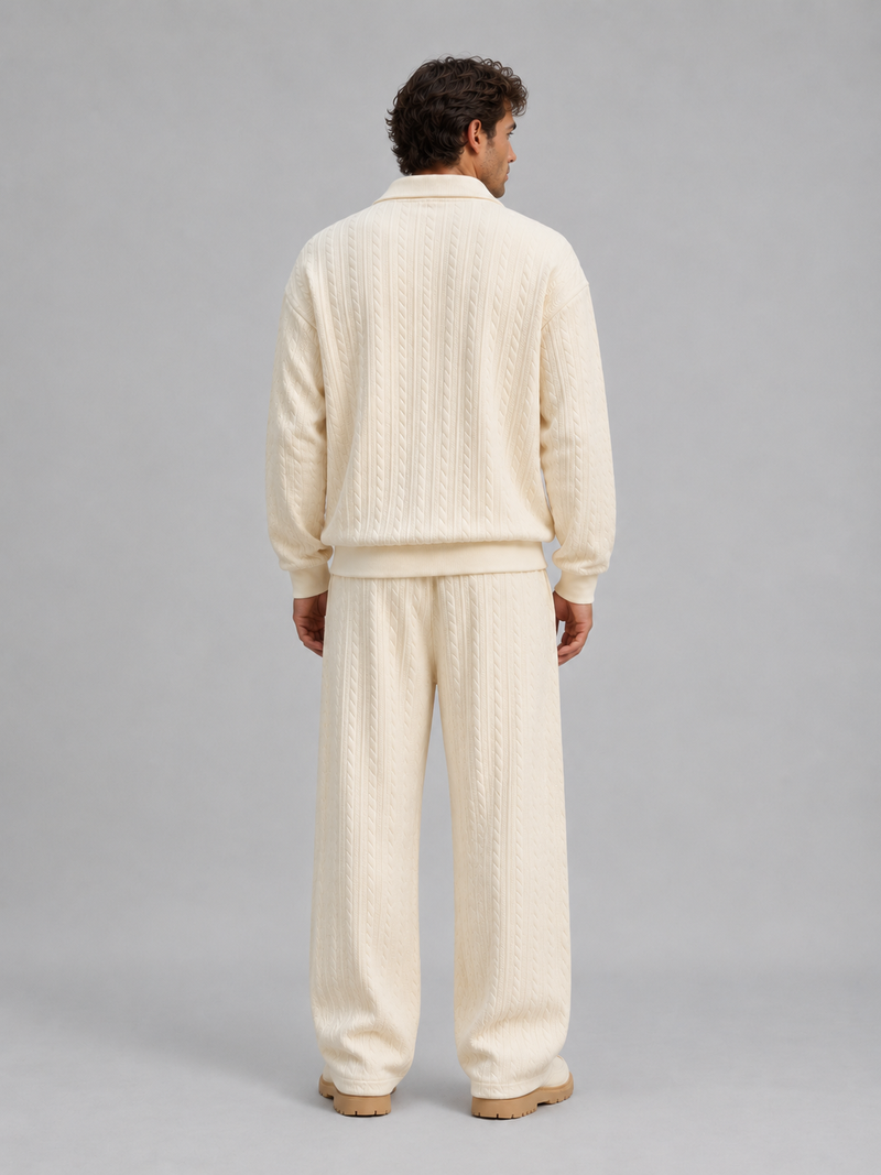 Men’s Cable Knit Two-Piece Set – Collared Top & Wide-Leg Trousers