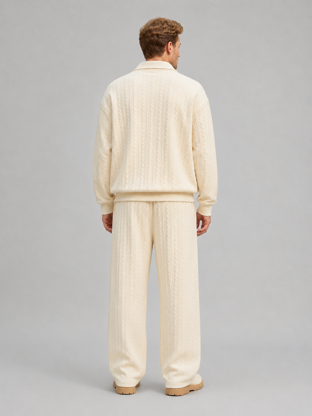 Men’s Cable Knit Two-Piece Set – Collared Top & Wide-Leg Trousers