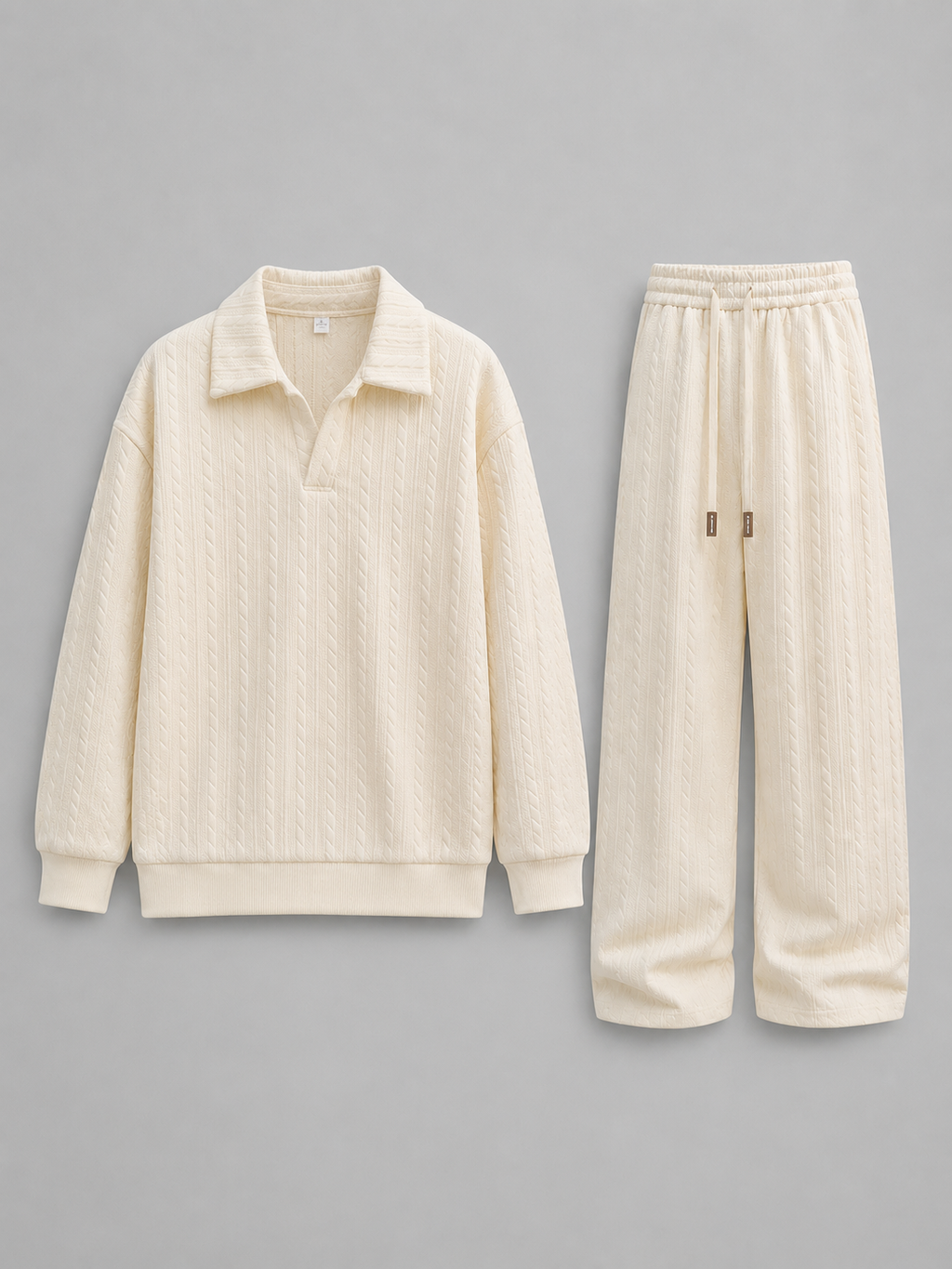 Men’s Cable Knit Two-Piece Set – Collared Top & Wide-Leg Trousers