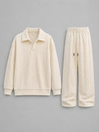 Men’s Cable Knit Two-Piece Set – Collared Top & Wide-Leg Trousers