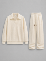 Men’s Cable Knit Two-Piece Set – Collared Top & Wide-Leg Trousers