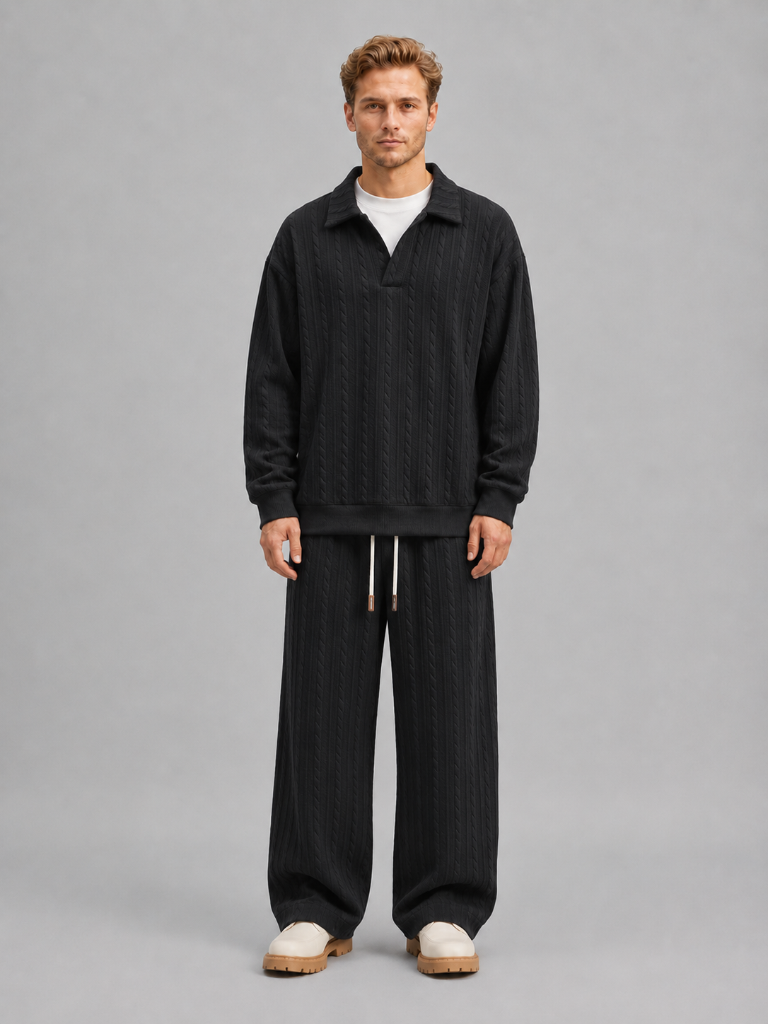 Men’s Cable Knit Two-Piece Set – Collared Top & Wide-Leg Trousers