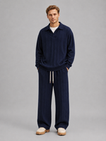 Men’s Cable Knit Two-Piece Set – Collared Top & Wide-Leg Trousers