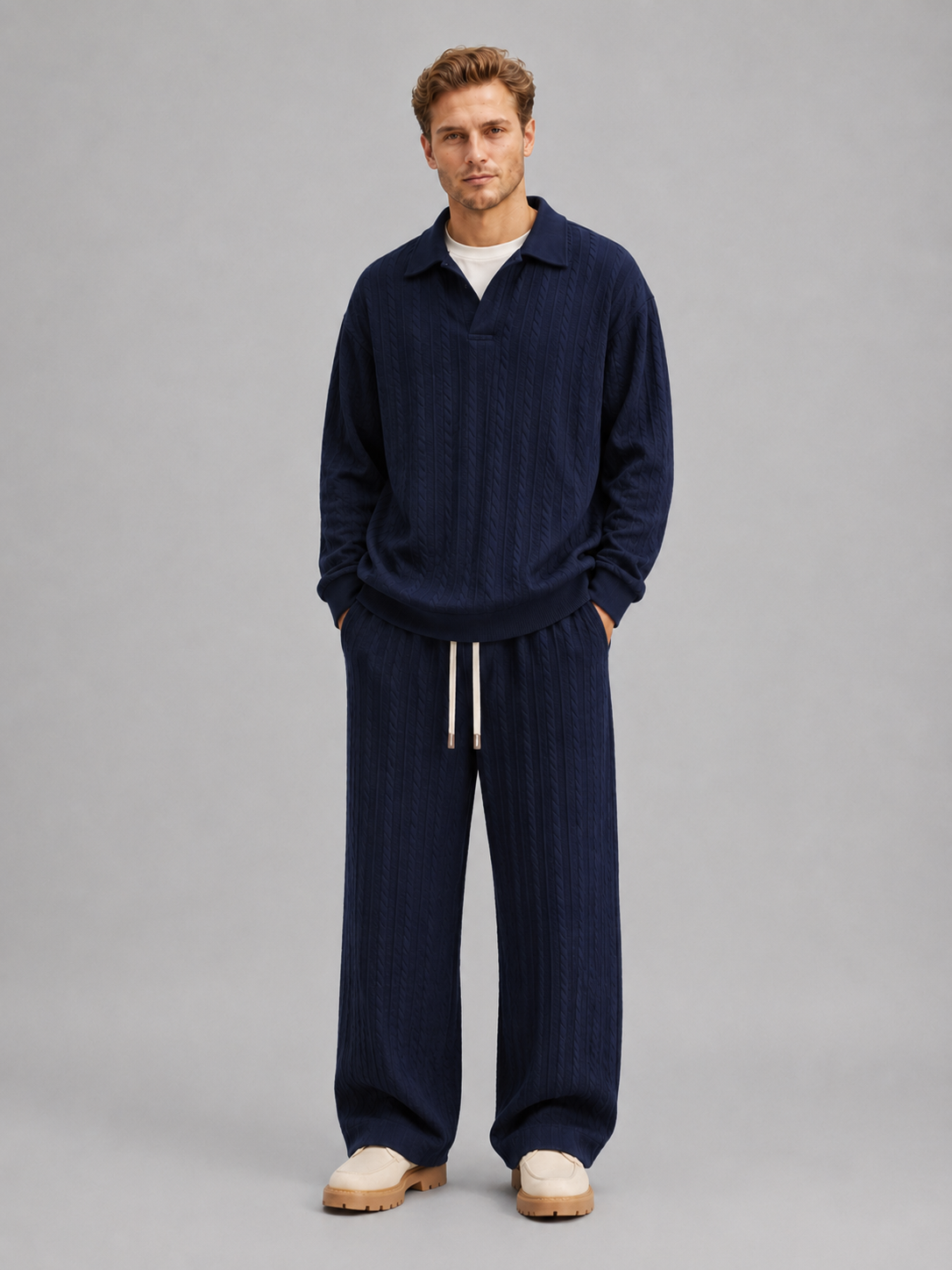 Men’s Cable Knit Two-Piece Set – Collared Top & Wide-Leg Trousers