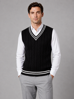 Men’s Cable Knit V-Neck Sweater Vest – Classic Sleeveless Knitted Tank Top