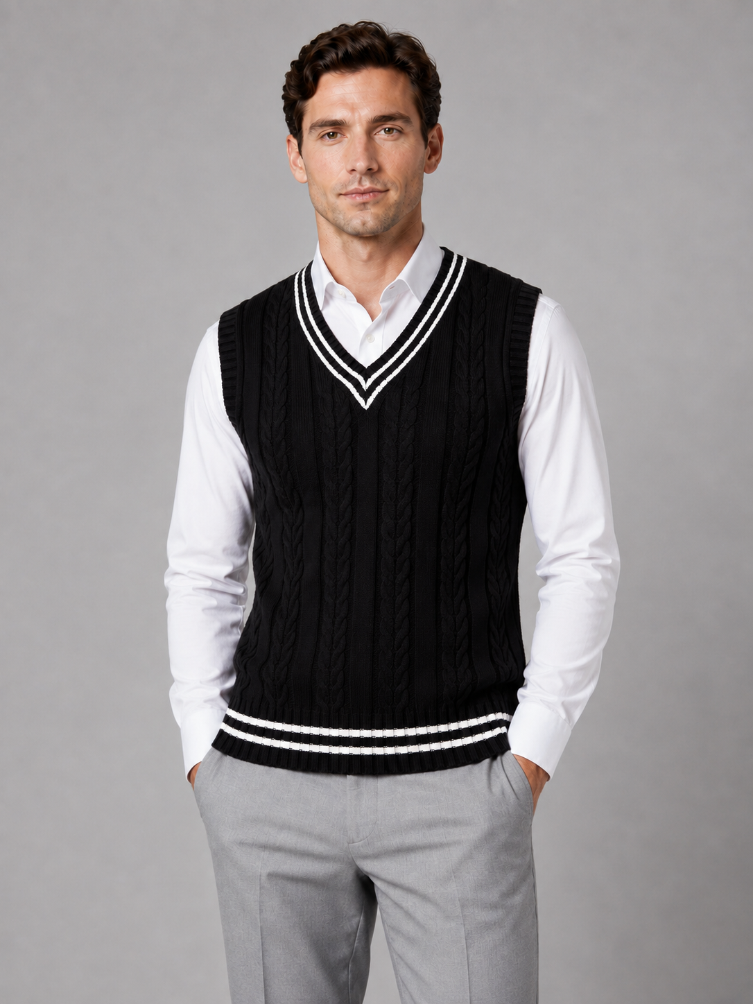 Men’s Cable Knit V-Neck Sweater Vest – Classic Sleeveless Knitted Tank Top