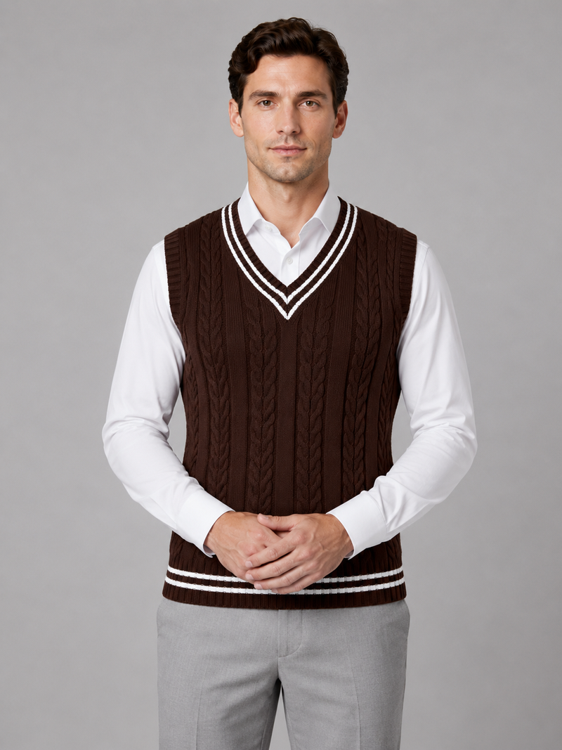 Men’s Cable Knit V-Neck Sweater Vest – Classic Sleeveless Knitted Tank Top