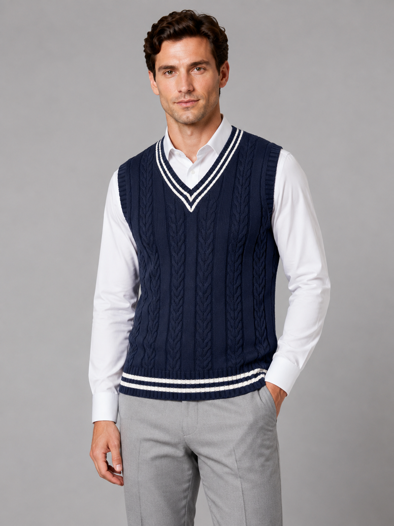 Men’s Cable Knit V-Neck Sweater Vest – Classic Sleeveless Knitted Tank Top