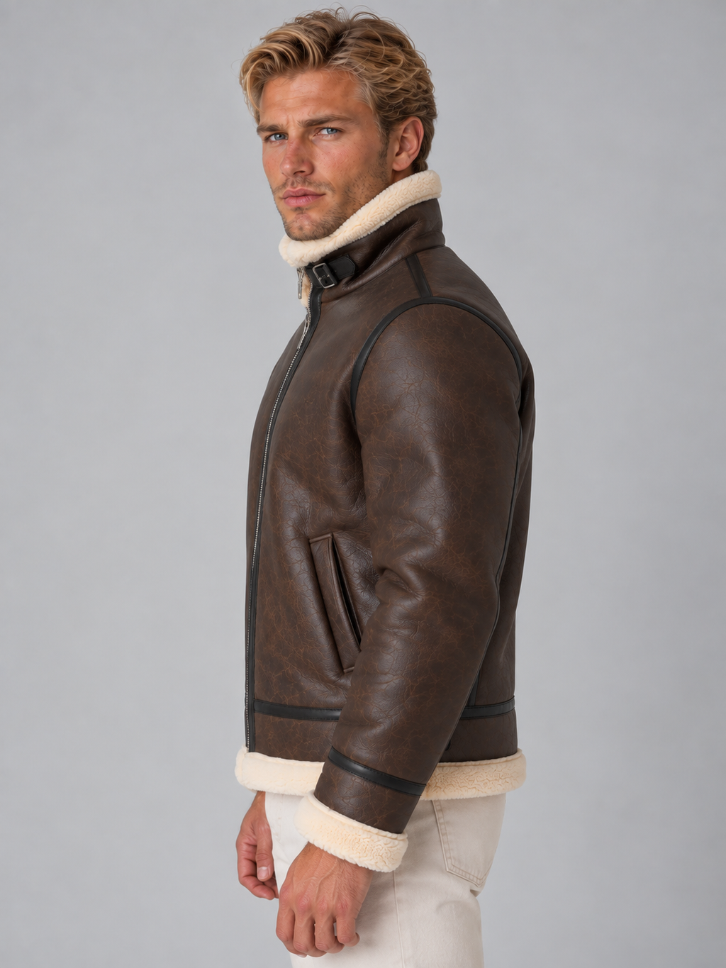 Men’s Faux Leather Aviator Jacket – Sherpa Lined Full Zip Coat
